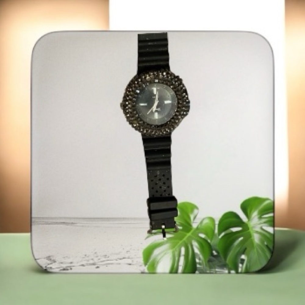 Black Crystal-Embellished Watch Rubber band Silver hardware works needs battery